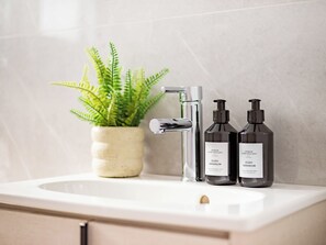 A bathroom sink with a modern faucet, two dark bottles of Urban Apothecary Oudh Geranium body wash, and a potted fern. - Sanders City Boutique - Full Building (Limassol)