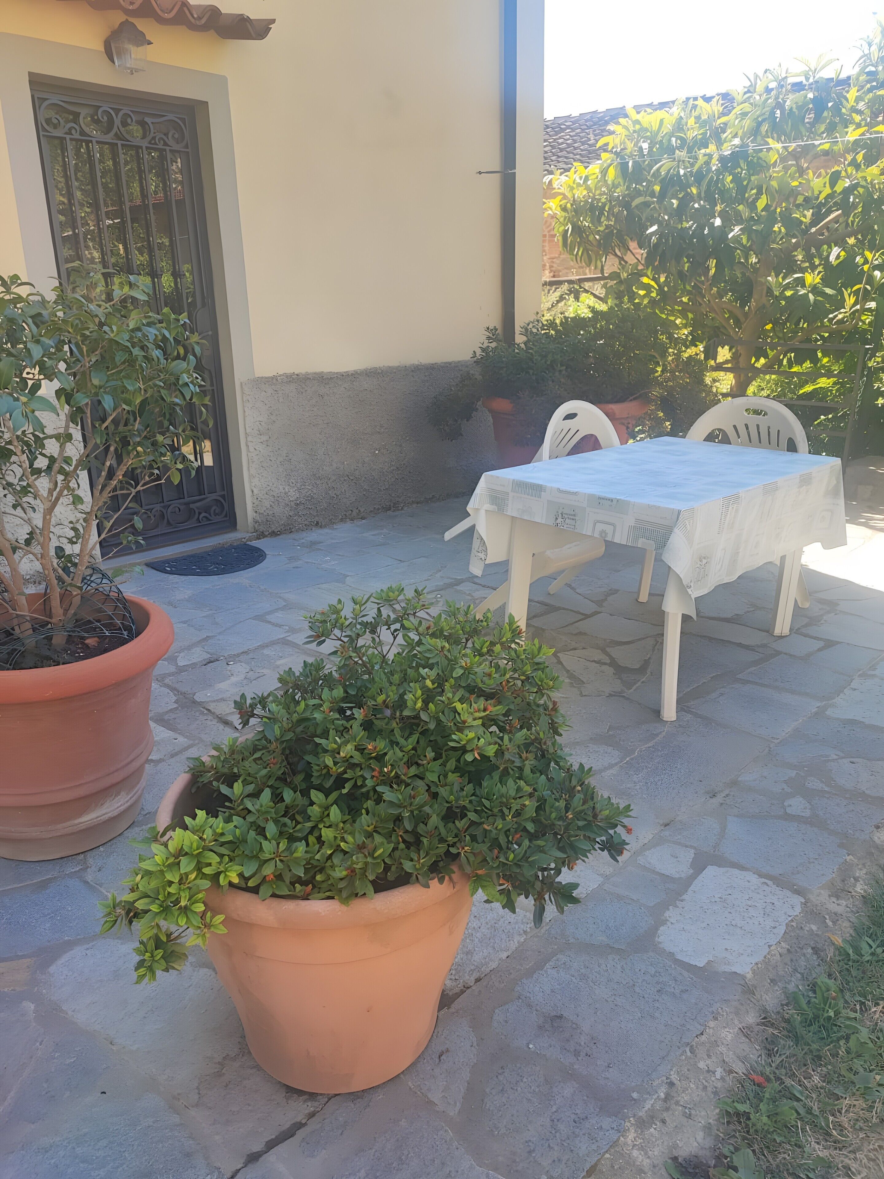 Eine Terrasse mit Tisch und Stühlen, Blumentöpfen und einem Hauseingang.