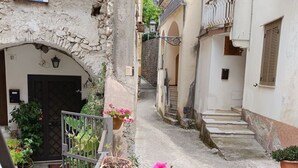 Eine enge Gasse mit Steinhäusern, einem Metallgitter und Blumentöpfen.