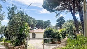 En afsides villa med stengang, omgivet af frodig vegetation og træer.