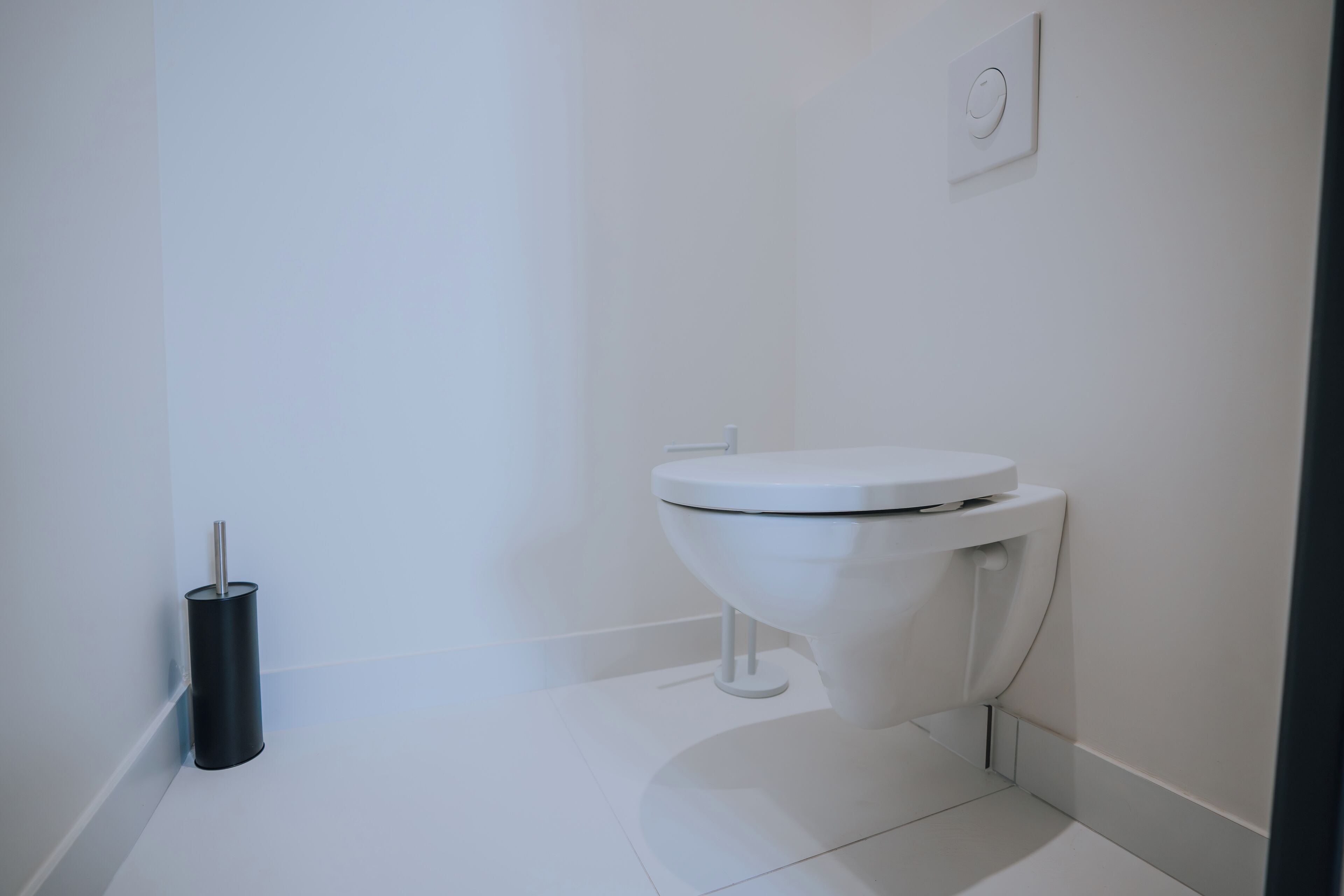 A white toilet in a bathroom with a black toilet brush and a wall-mounted flush handle.