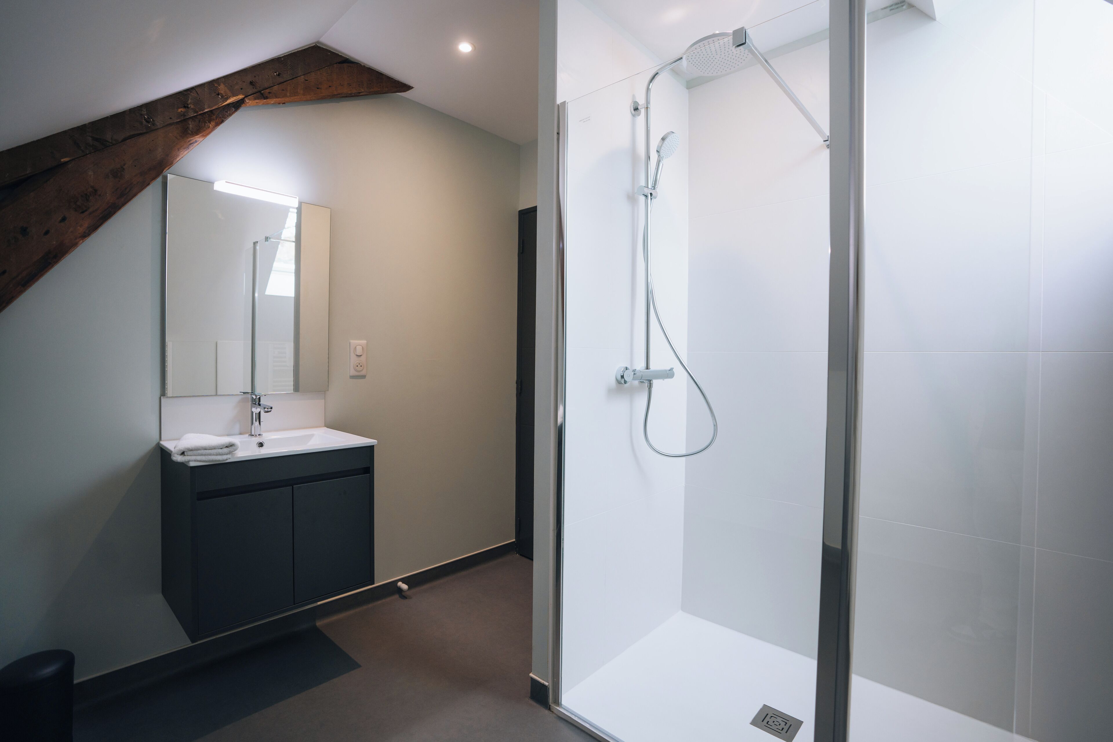 Une salle de bain moderne avec une douche à parois de verre, un lavabo avec un miroir et un meuble-lavabo aux tons foncés.
