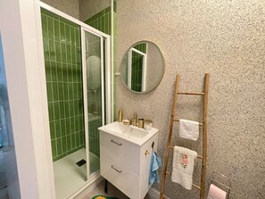 Regadera, secadora de cabello, toallas, papel de baño 