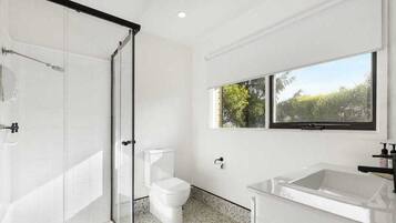 Shower, hair dryer, towels, shampoo