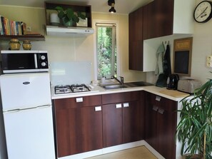 Réfrigérateur, micro-ondes, plaque de cuisson, cafetière/bouilloire