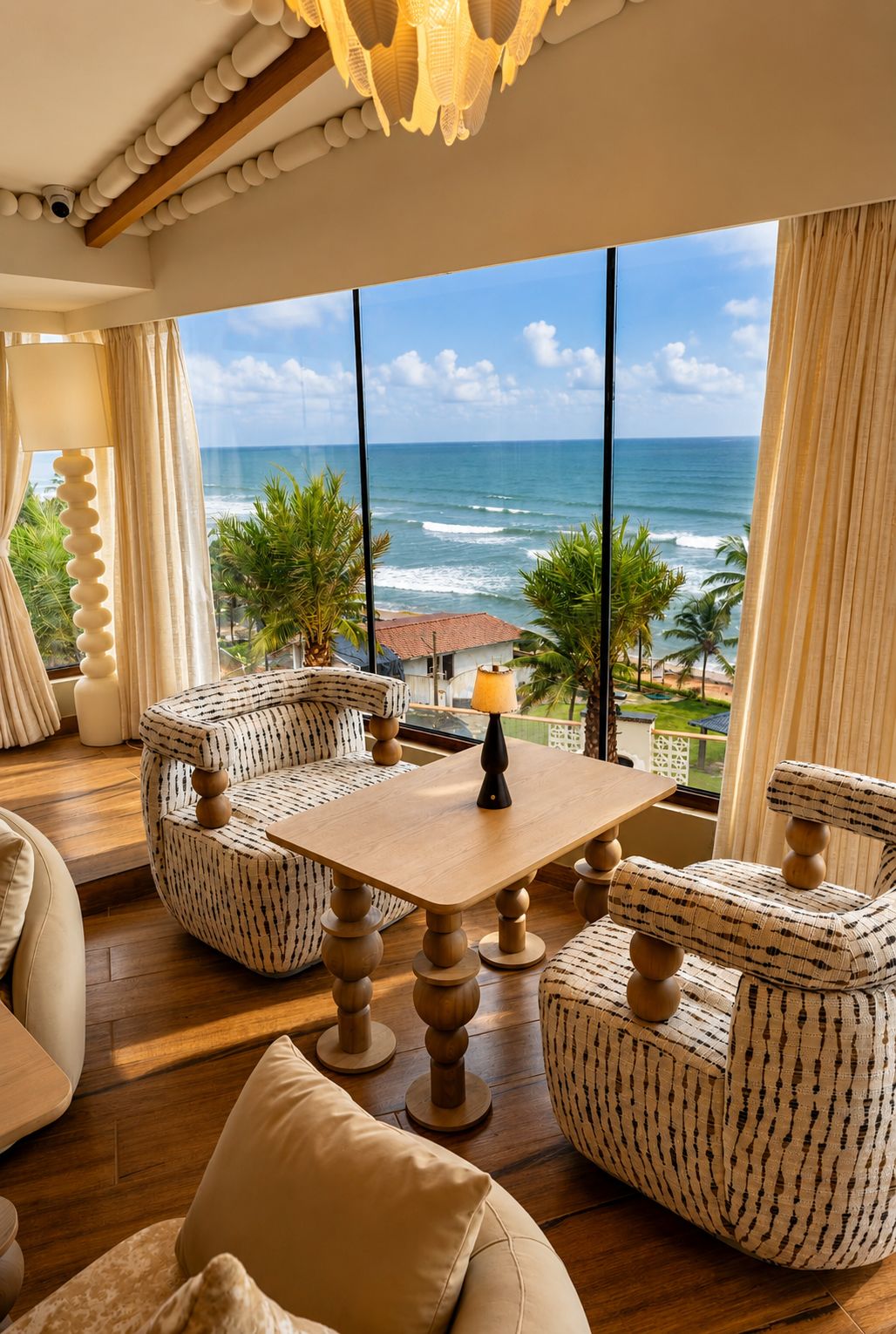 A room with a large window overlooking the ocean, featuring a wooden table and patterned sofas.