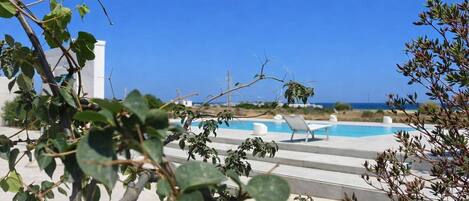 Seasonal outdoor pool, pool umbrellas, sun loungers