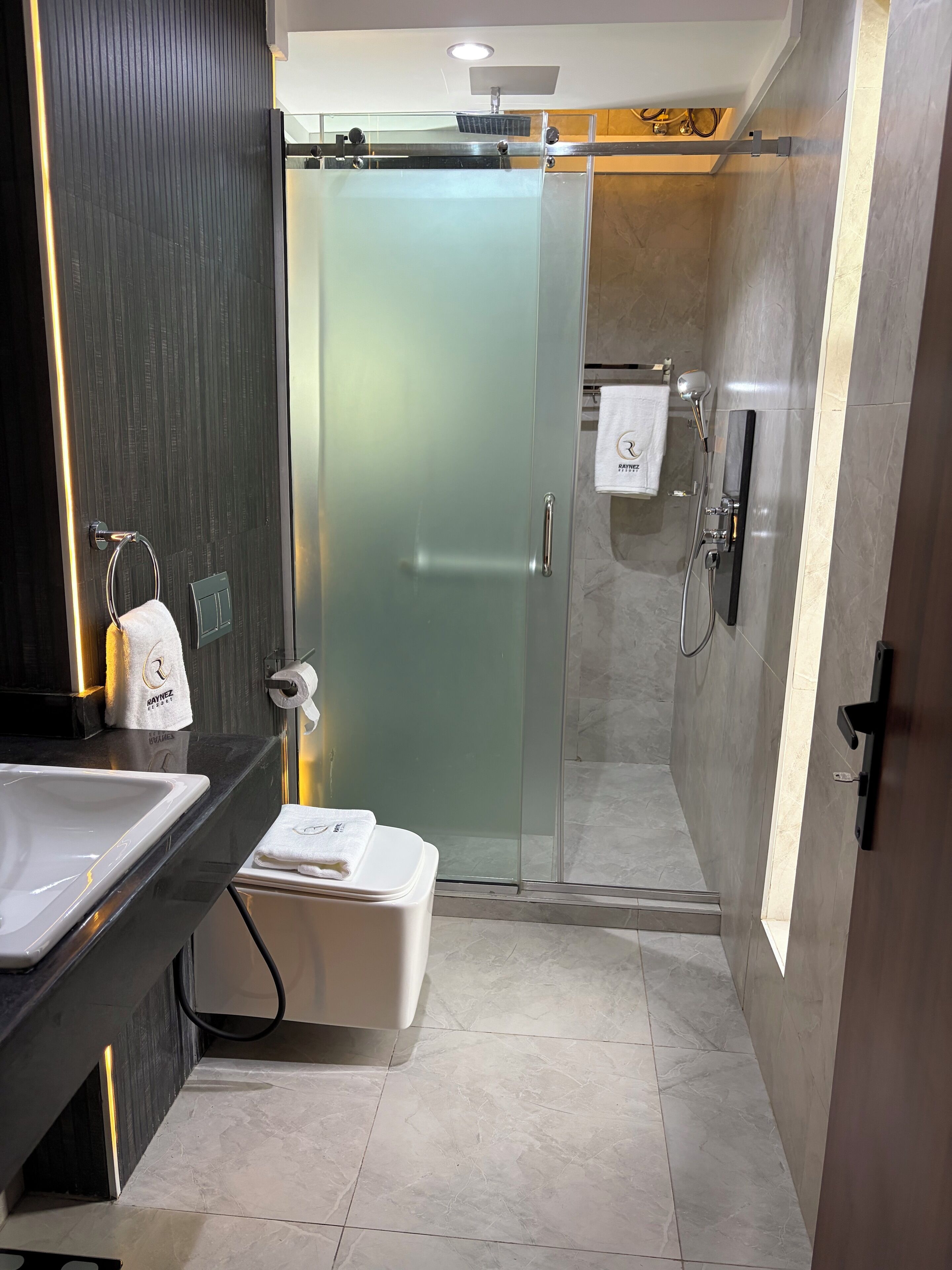 A modern bathroom with a glass shower enclosure, a sink, and a towel rack.