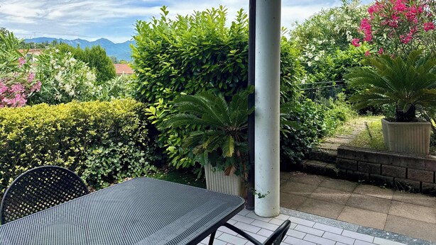 Un patio techado con mesa y sillas, rodeado de plantas diversas y vistas a montañas.