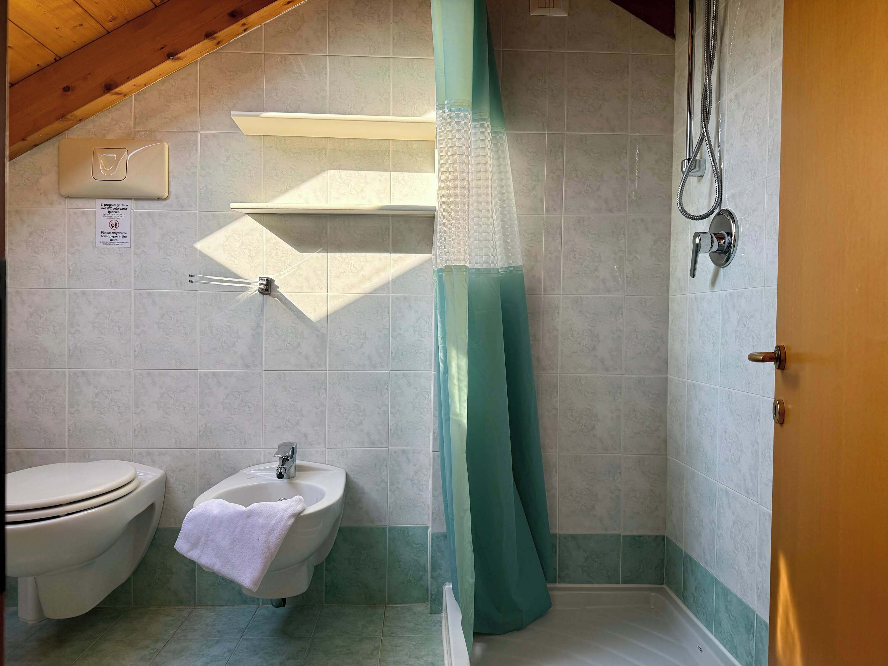 A bathroom with a toilet, bidet, and shower.