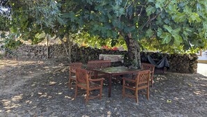 Un conjunto de mesa y sillas de madera bajo un árbol en un jardín, con un muro de piedra al fondo.