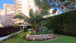 A landscaped garden with palm trees, a stone wall, and a hedge. - El Abu Apartment (Benicàssim)