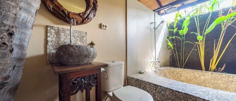 Shower, towels, soap, toilet paper