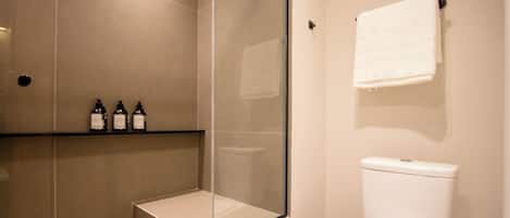 Hair dryer, towels, soap, toilet paper