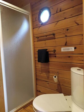 Shower, hair dryer, soap, toilet paper