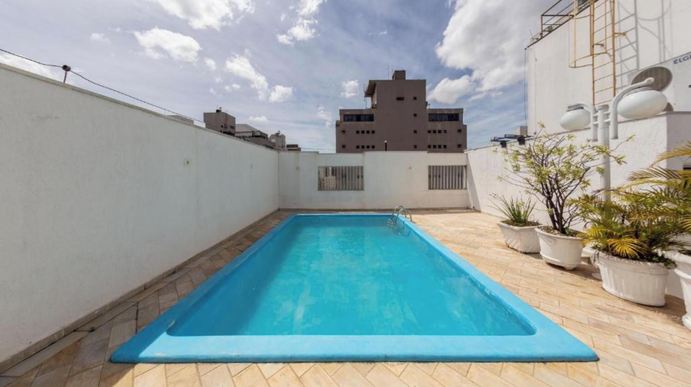 A rooftop swimming pool with a clear blue pool, surrounded by potted plants and a white wall.