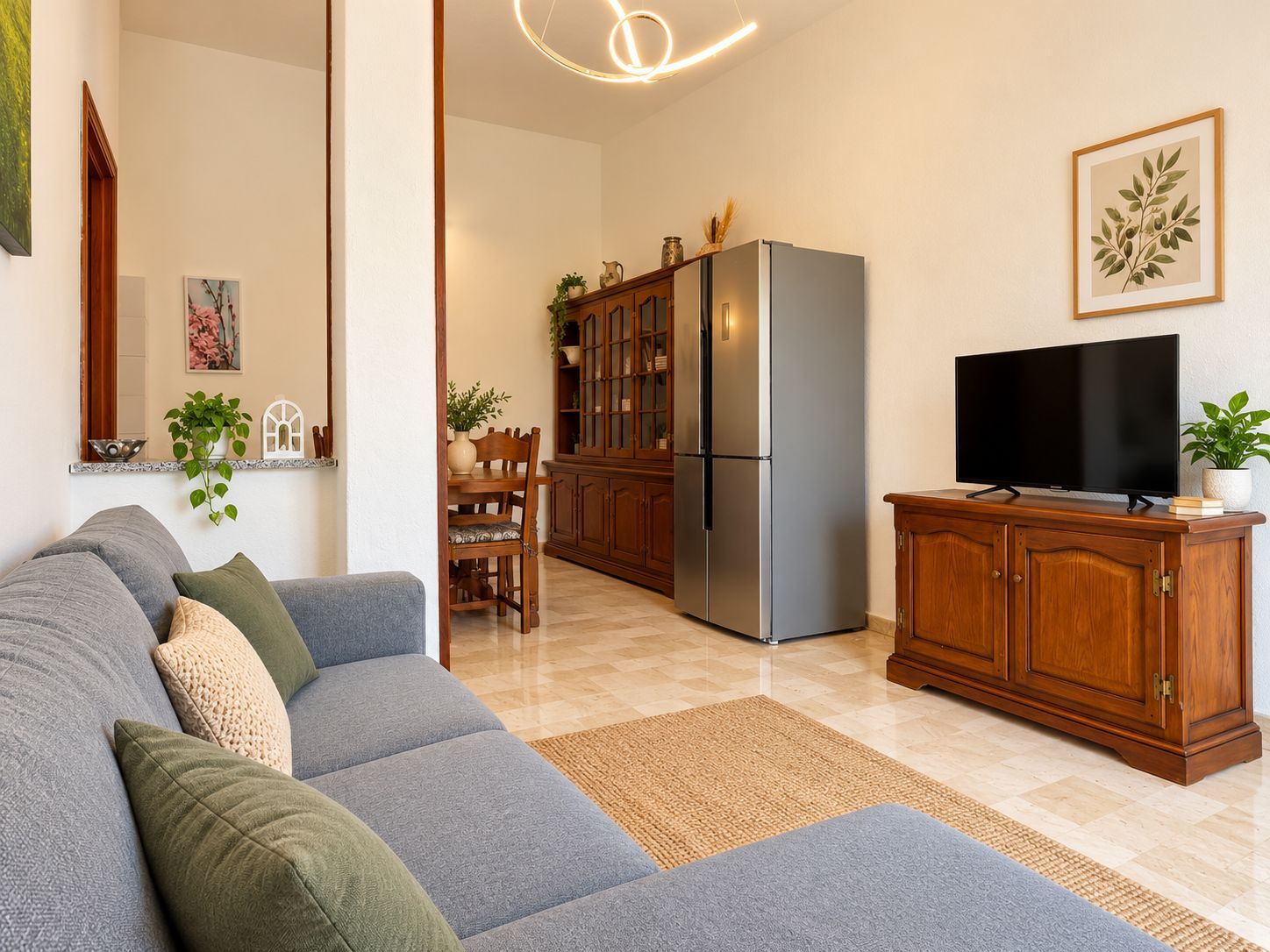A living room with a grey sofa, wooden cabinet, and a flat-screen TV.