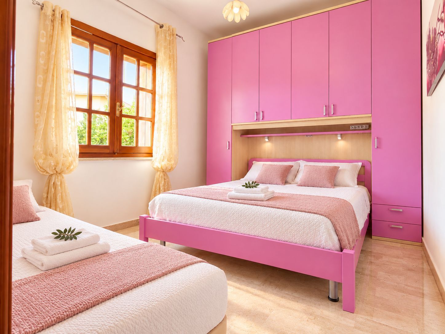 Ein Schlafzimmer mit zwei Betten, einem hölzernen Kopfteil und einem pinken Kleiderschrank.