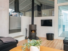 A modern living room with a wood-burning stove, a flat-screen TV, and a large window.