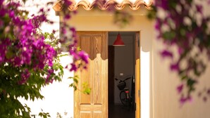 A wooden door with a red hanging light fixture, a bicycle inside, and purple flowers in the foreground. - Berchida 6 - Two Bedroom Apartment, Sleeps 5 (La Caletta)