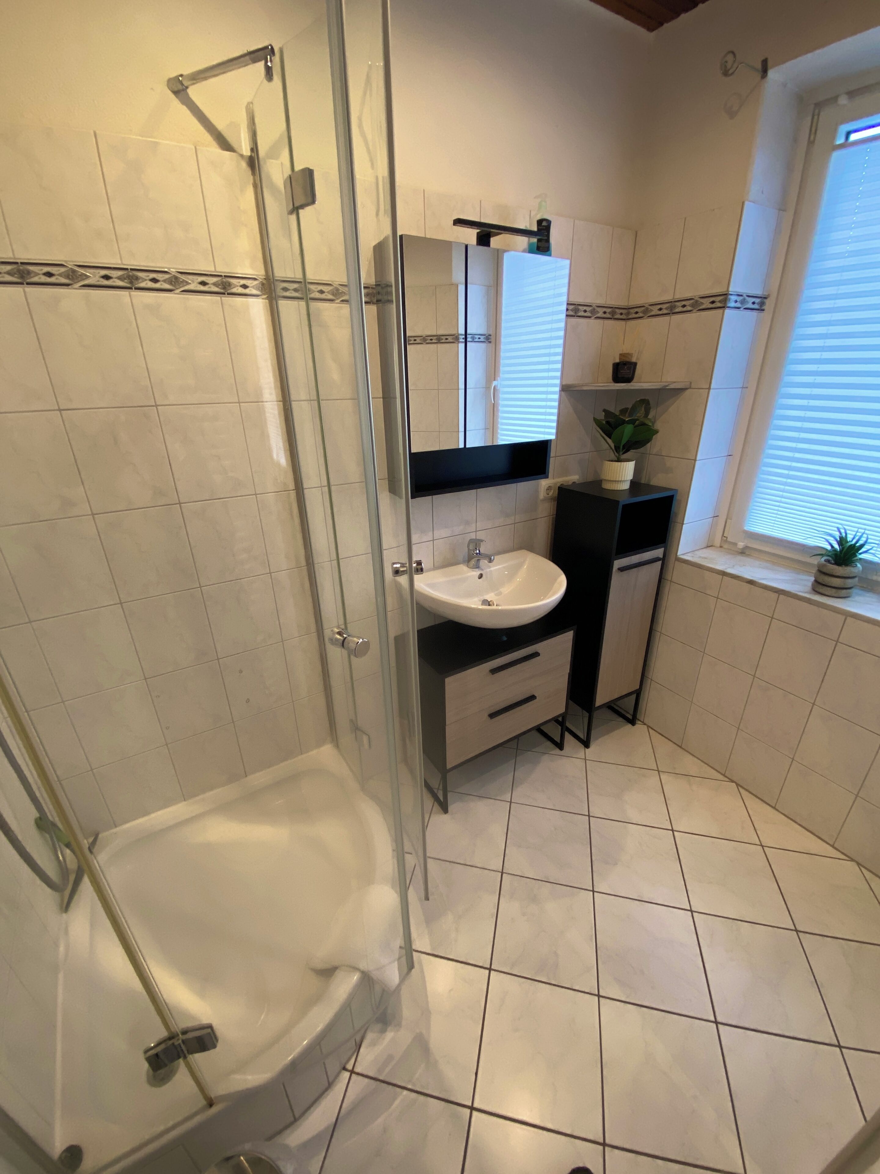 Dusche, Haartrockner, Handtücher, Seife