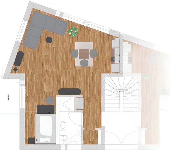 A floor plan of a hotel room with a balcony, a seating area, a kitchen, and a bathroom.