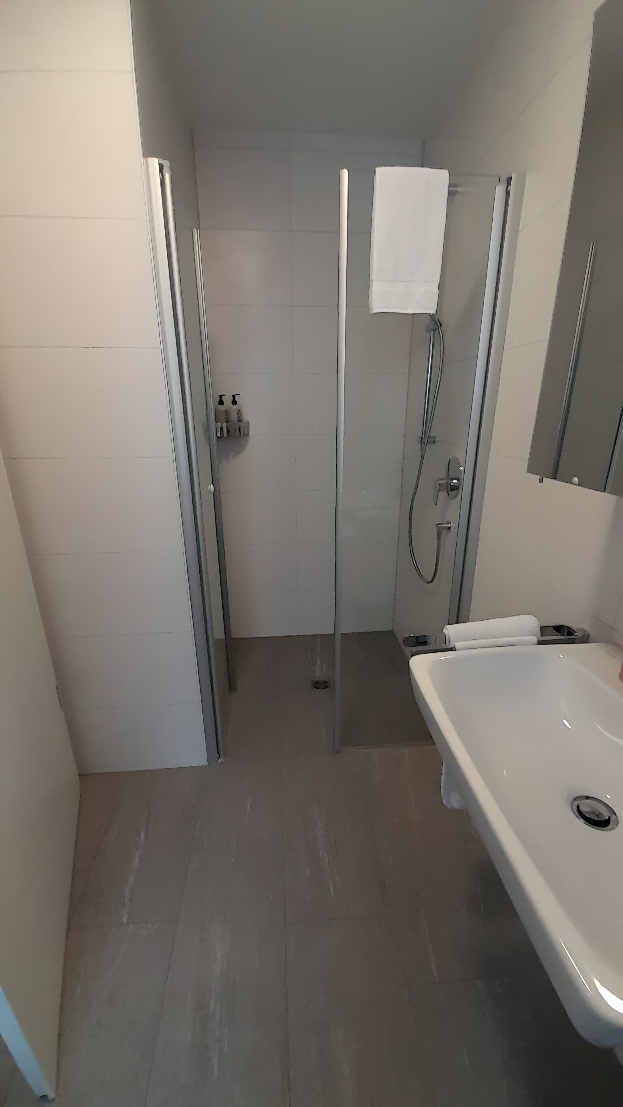 Een badkamer met een douche, wastafel en spiegel.