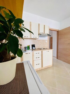 Kühlschrank, Mikrowelle, Herdplatte, Wasserkocher mit Kaffee-/Teezubehör