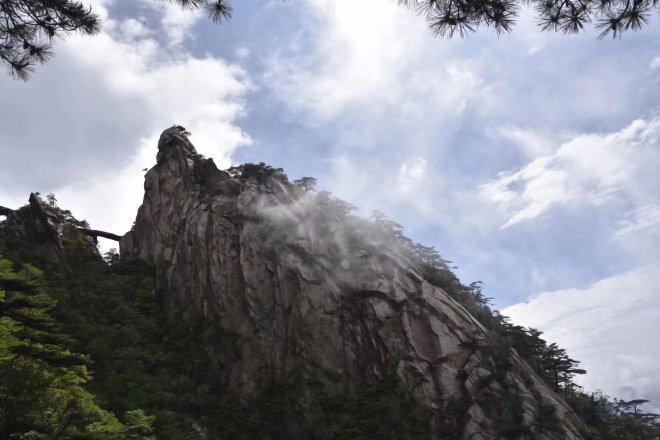 Un paisaje montañoso con un pico destacado y un bosque denso.