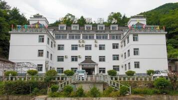 A large, multi-story building with a symmetrical facade, a central entrance, and a staircase leading to a balcony.