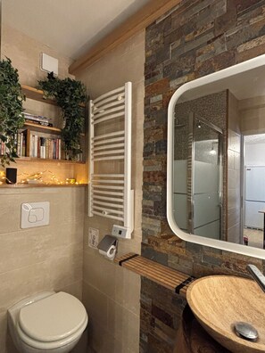 Douche, serviettes fournies, papier de toilette