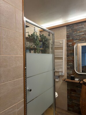 Regadera, toallas, papel de baño