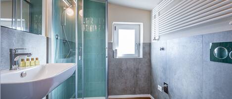 A modern bathroom with a glass shower enclosure, a white sink, and a toilet.
