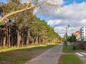 Ein gepflasterter Weg, der von dichten Bäumen gesäumt wird, mit einem Gebäude und Gerüsten im Hintergrund.