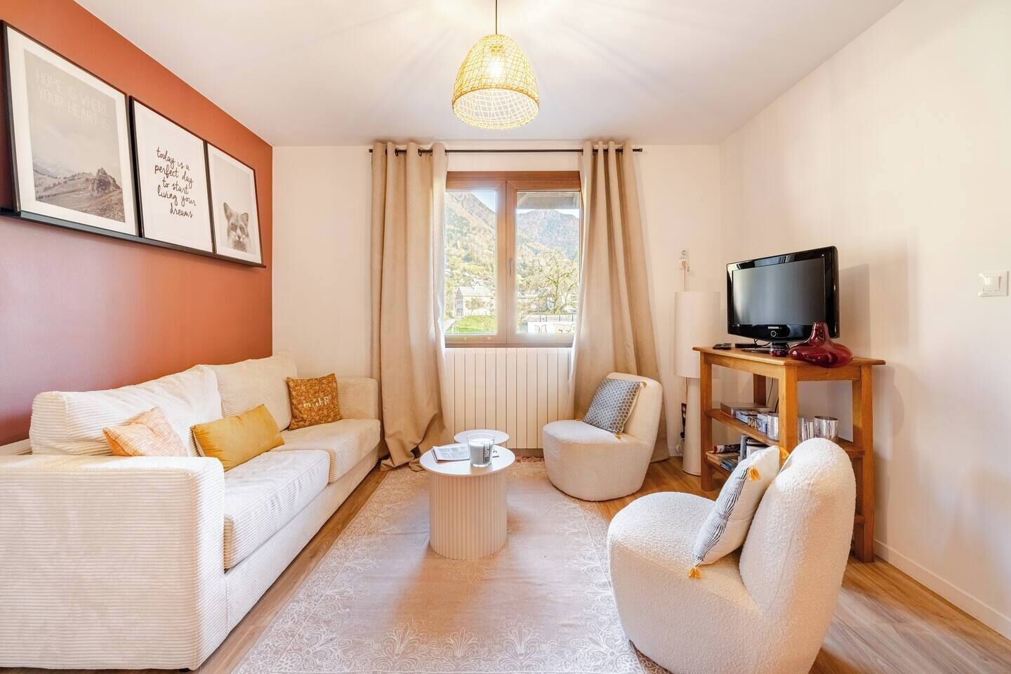 TV connectée, cheminée, lecteur de DVD, livres