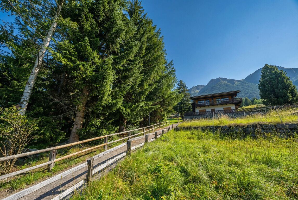 Un sentier en bois mène à un chalet de montagne d’où l’on a une vue sur une forêt et des montagnes.