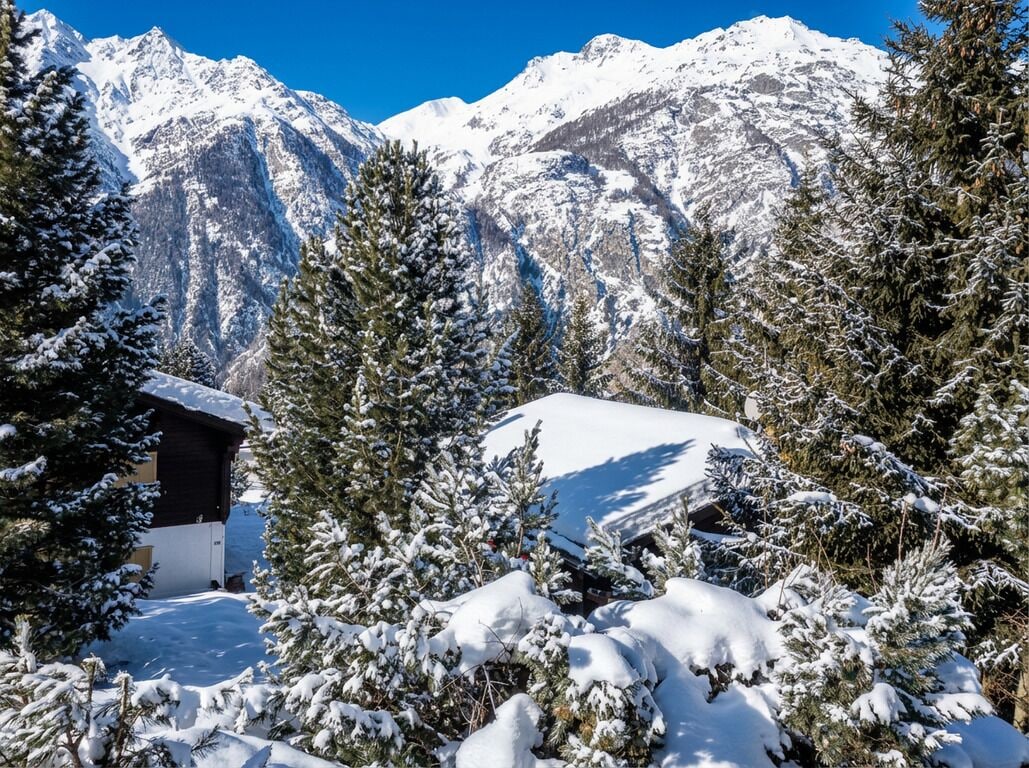 Eine verschneite Berglandschaft mit einer Hütte und immergrünen Bäumen.
