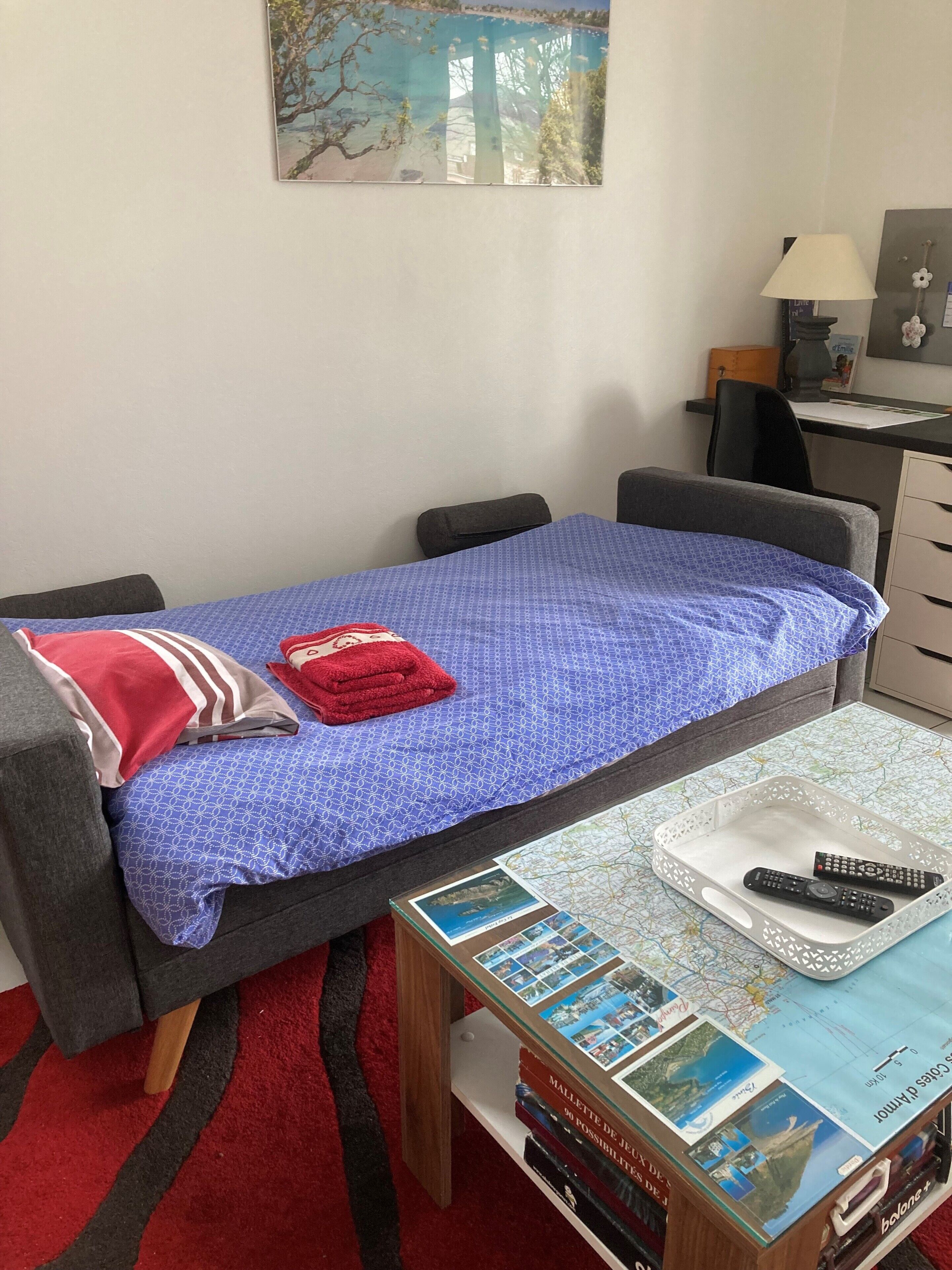A single bed with a blue patterned bedspread, a red pillow, and a red towel. There is a small table with a tray holding two remote controls and a map. A bookshelf with travel books is visible.
