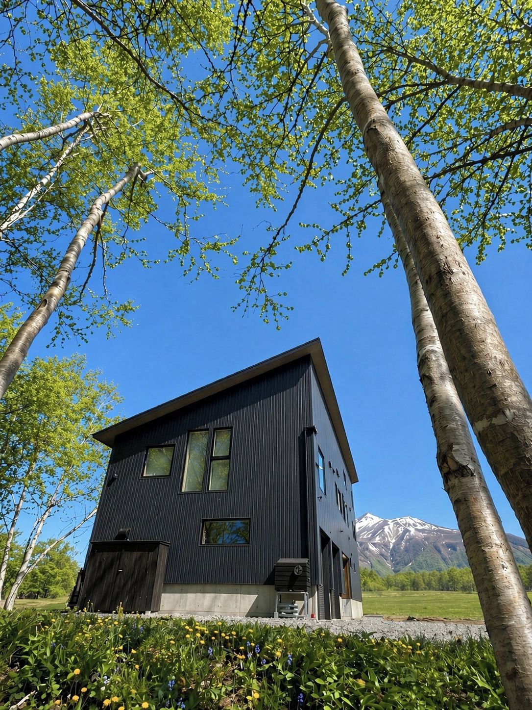 A modern two-story building with a dark exterior, surrounded by trees and a mountain backdrop.