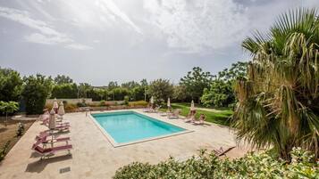 Seasonal outdoor pool, pool umbrellas, pool loungers