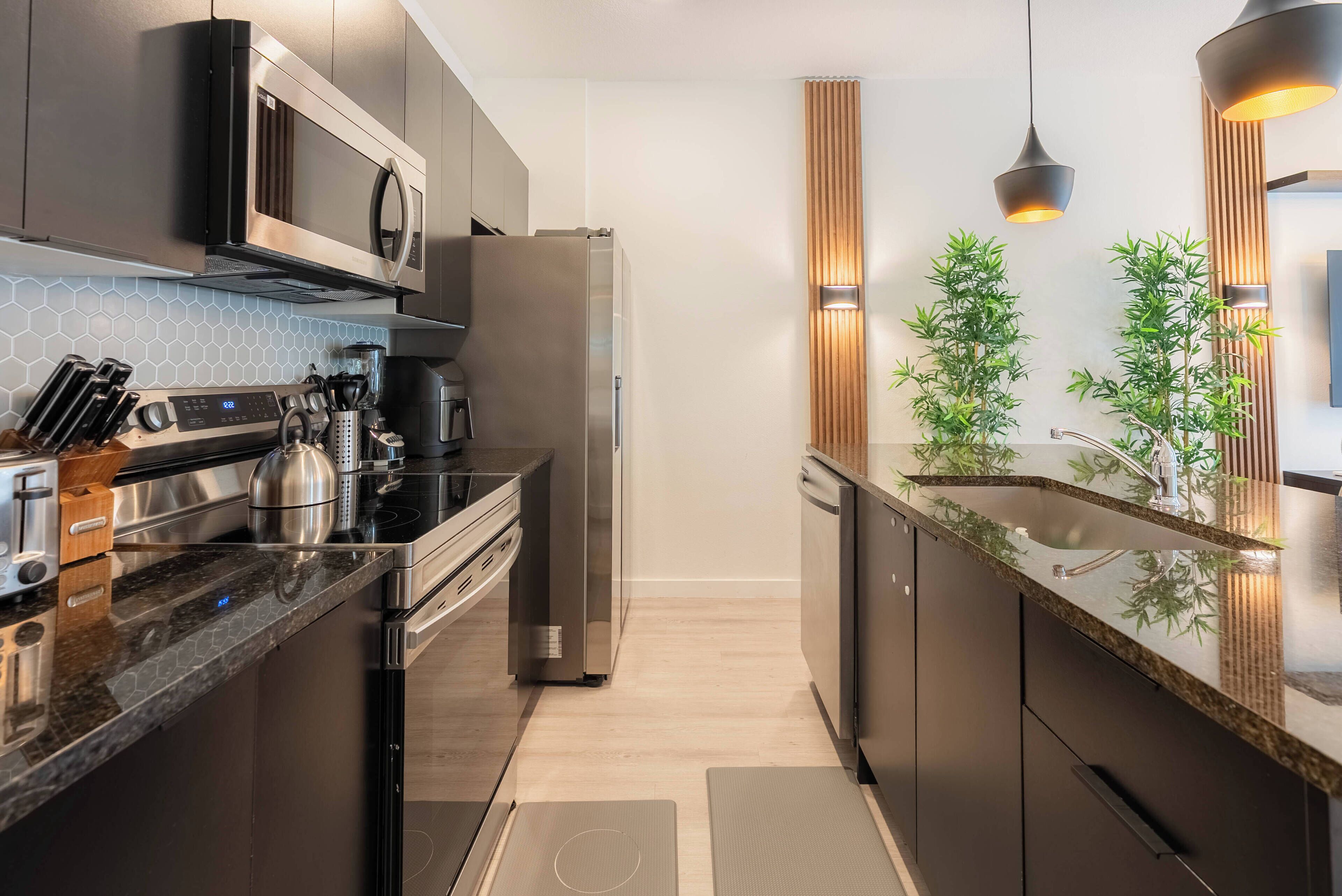 Een microgolfoven, een oven, een kookplaat, een vaatwasser