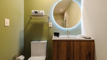 A modern bathroom with a toilet, sink, and mirror.