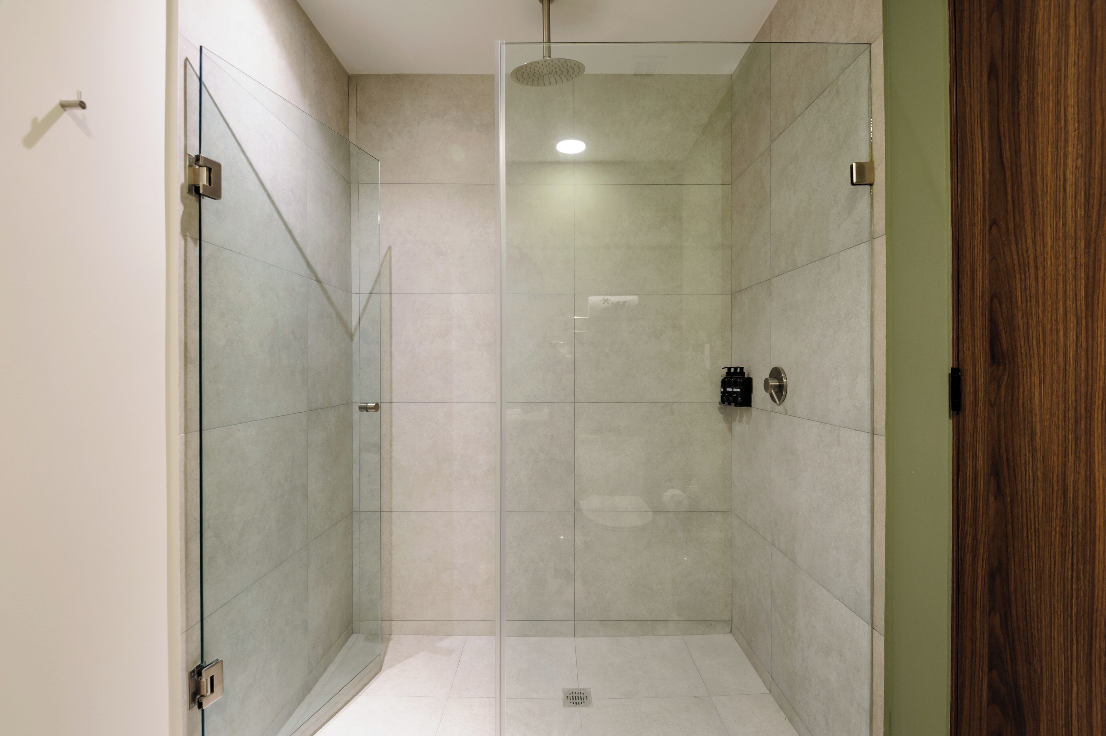 A modern shower enclosure with glass doors and a rain showerhead.