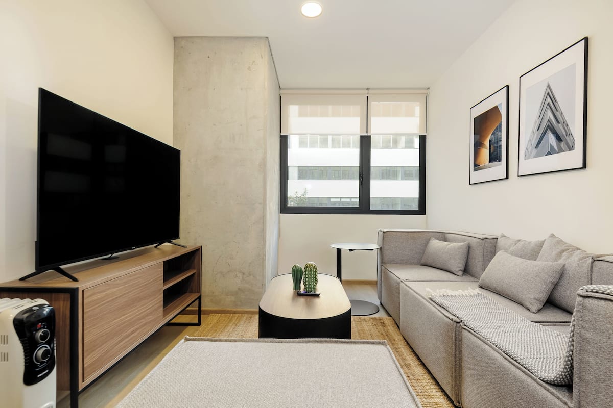 Een moderne woonkamer met een flatscreentelevisie, een houten tv-meubel, een grijze bank, een klein bijzettafeltje met twee cactussen, en een groot raam met uitzicht op de stad.