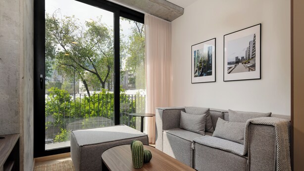 Una sala de estar moderna con un sofá gris, una mesa de centro de madera y un cactus. Hay dos cuadros en la pared y un ventanal con vistas a zonas verdes y edificios.