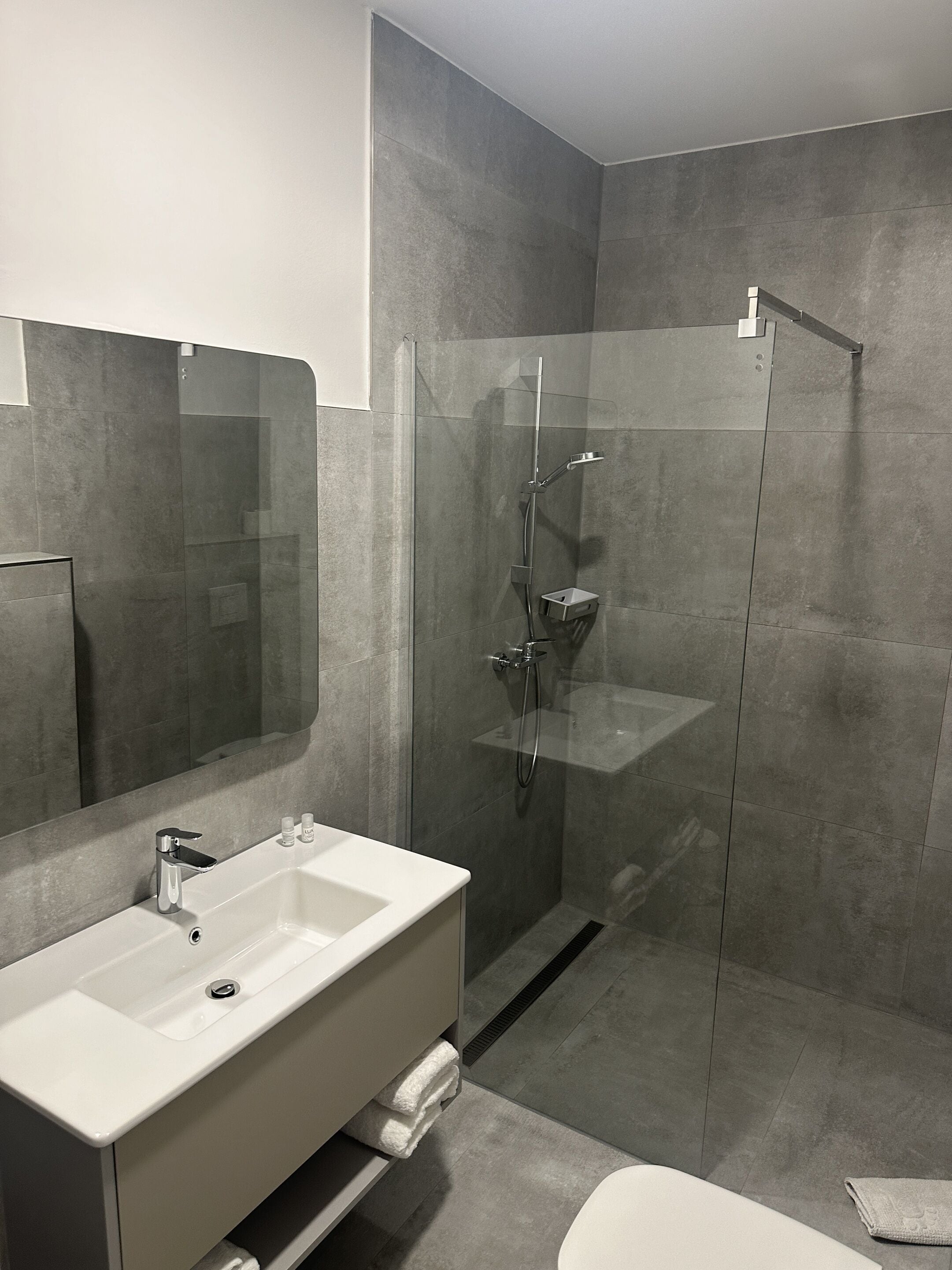 Une salle de bain moderne avec une douche à parois de verre, un lavabo blanc et un grand miroir.