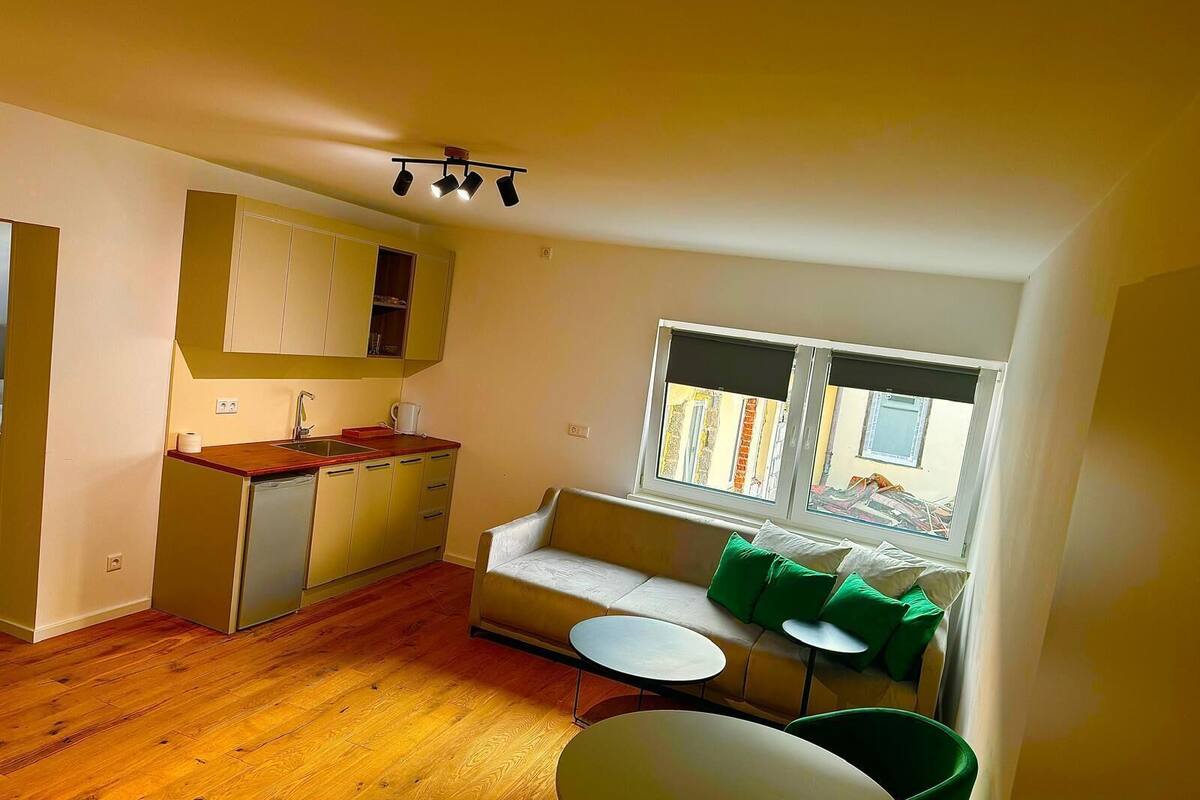 A compact living space with a kitchenette, a sofa with green cushions, and a dining table.
