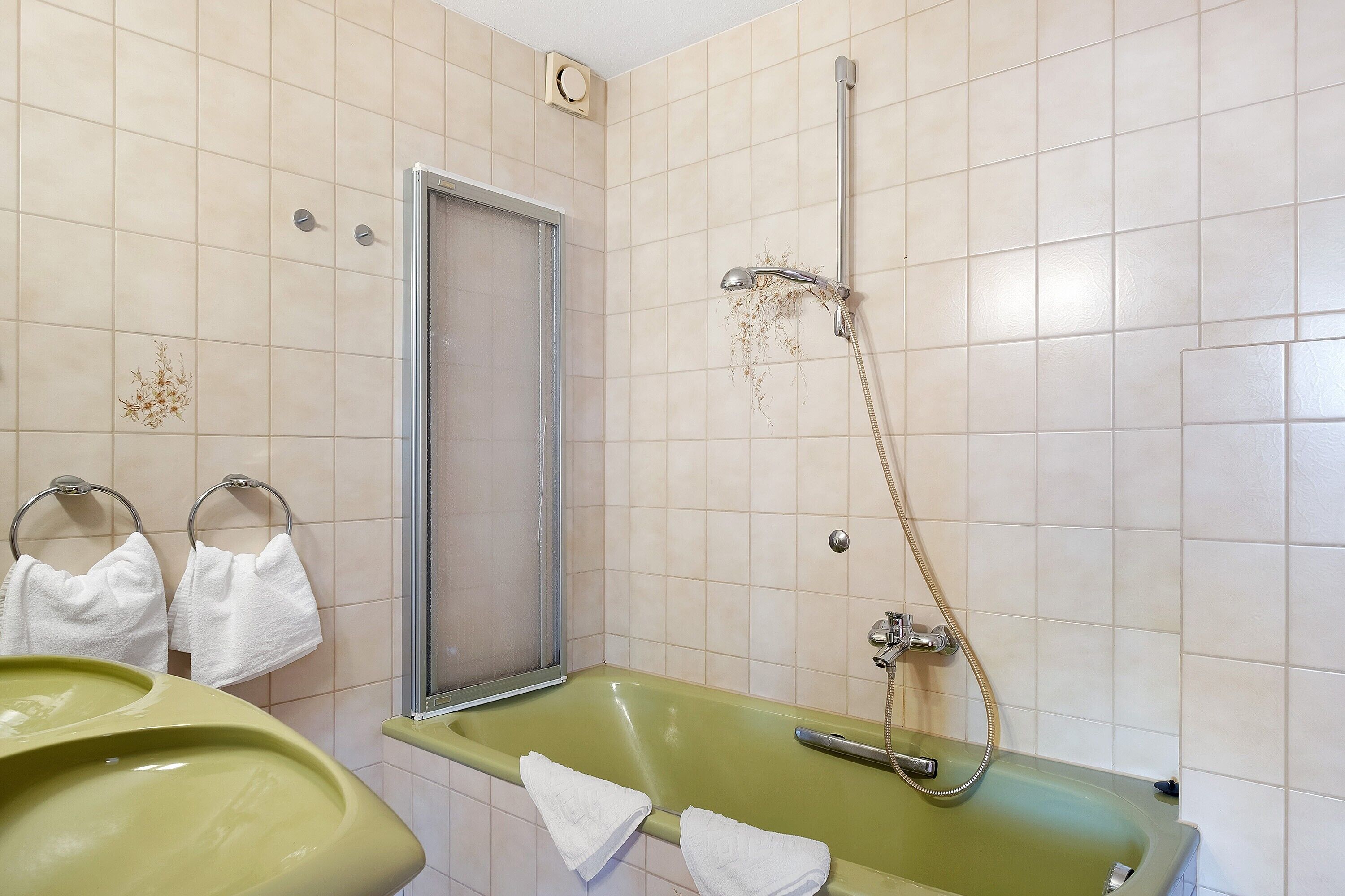 Shower, hair dryer, towels