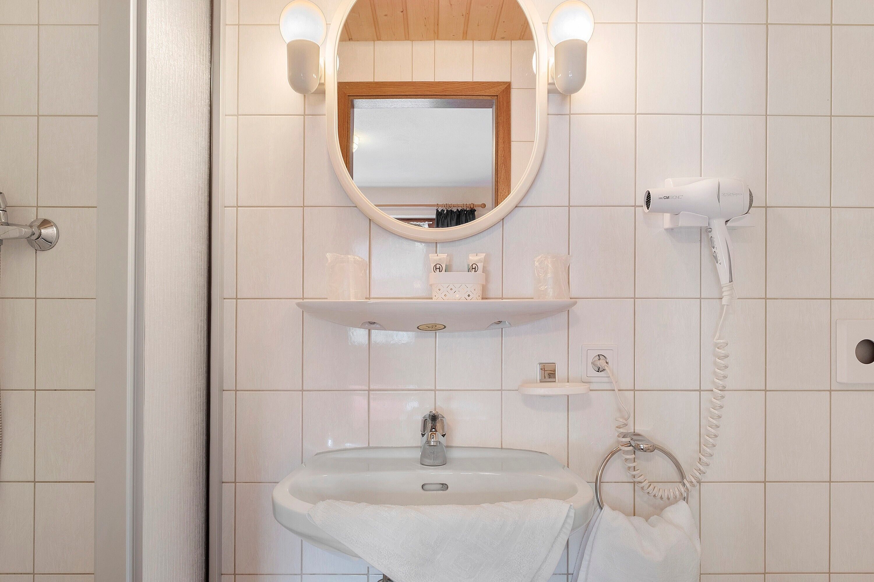 Shower, hair dryer, towels