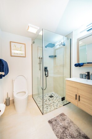 Hair dryer, towels, toilet paper